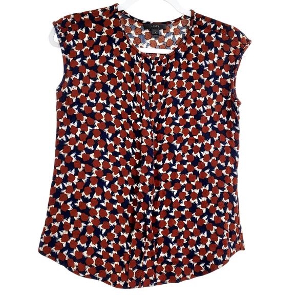 J. Crew Brown Blue White All Over Print Cap Sleeve Blouse Top Women's Size 0 - Picture 1 of 7